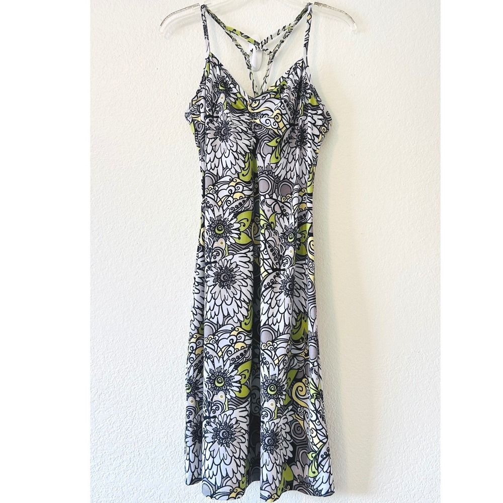 Prana Quinn Gorpcore Outdoor Dress SZ S Lime Green Black Floral Racerback